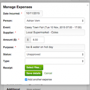 Add expense page in the VTEvents workforce management software