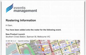 Rostering email in the VTEvents workforce management software